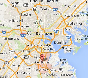 Map of Glen Burnie and Baltimore MD